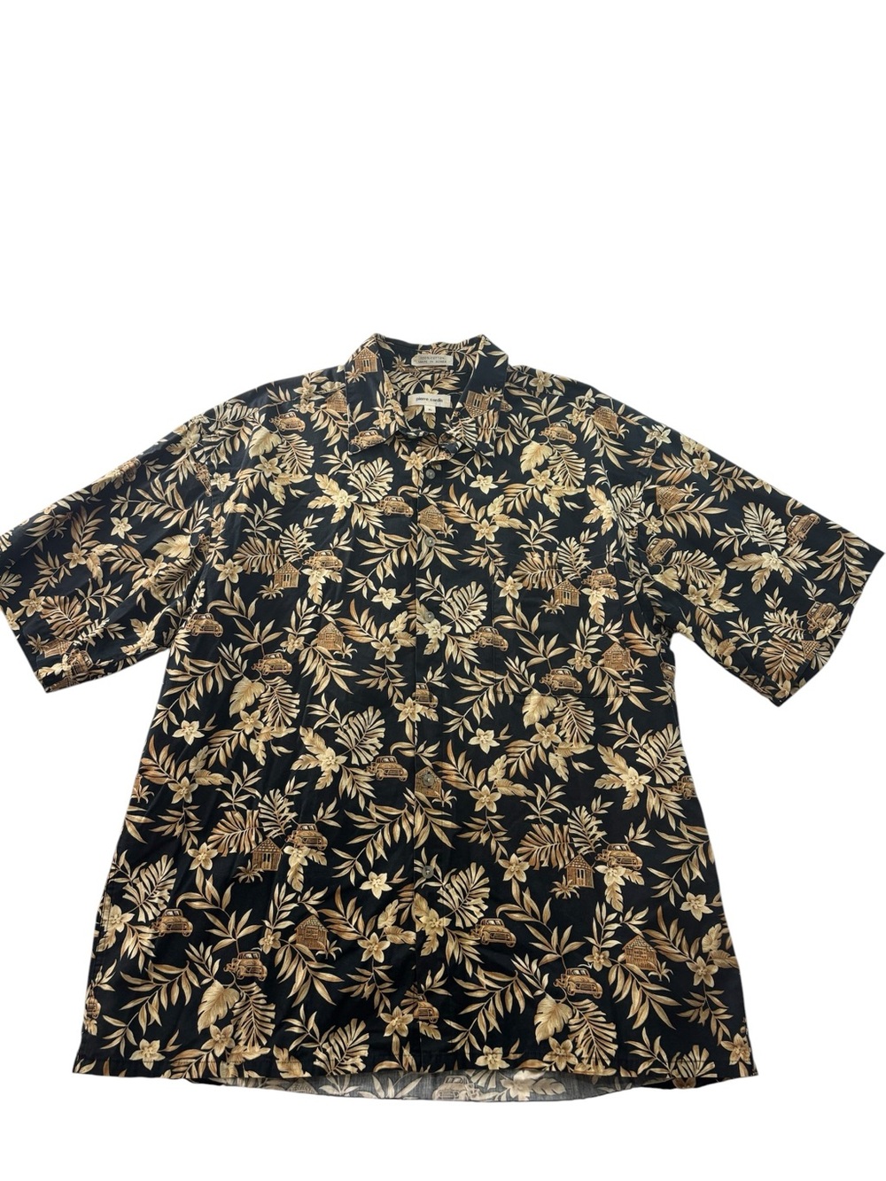 Pierre Cardin Black Shirt with Gold Tropical Print Mens Size XL Camp Cotton Top